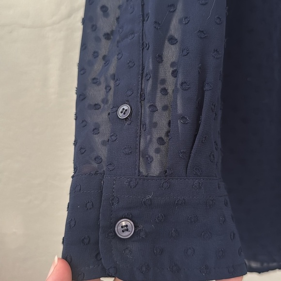 Talbots ClipDot Blue Sheer Sleeve Button Down Blouse Career Evening Petite Large - Picture 4 of 10